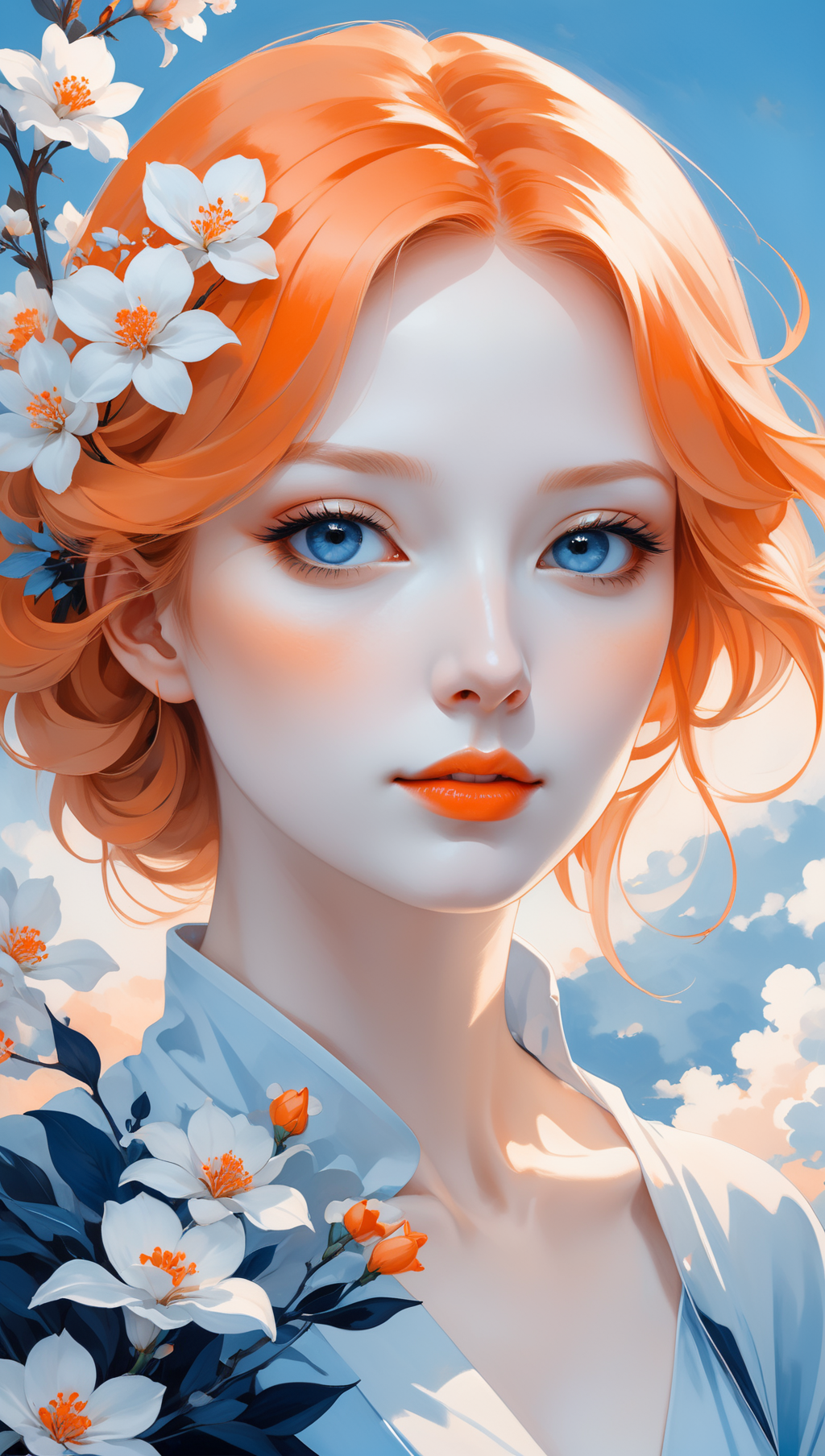 02127-859307494-a beautiful picture of a pale woman 33yo with white flowers on her face, in the style of monochromatic paintings, light sky-blue.png